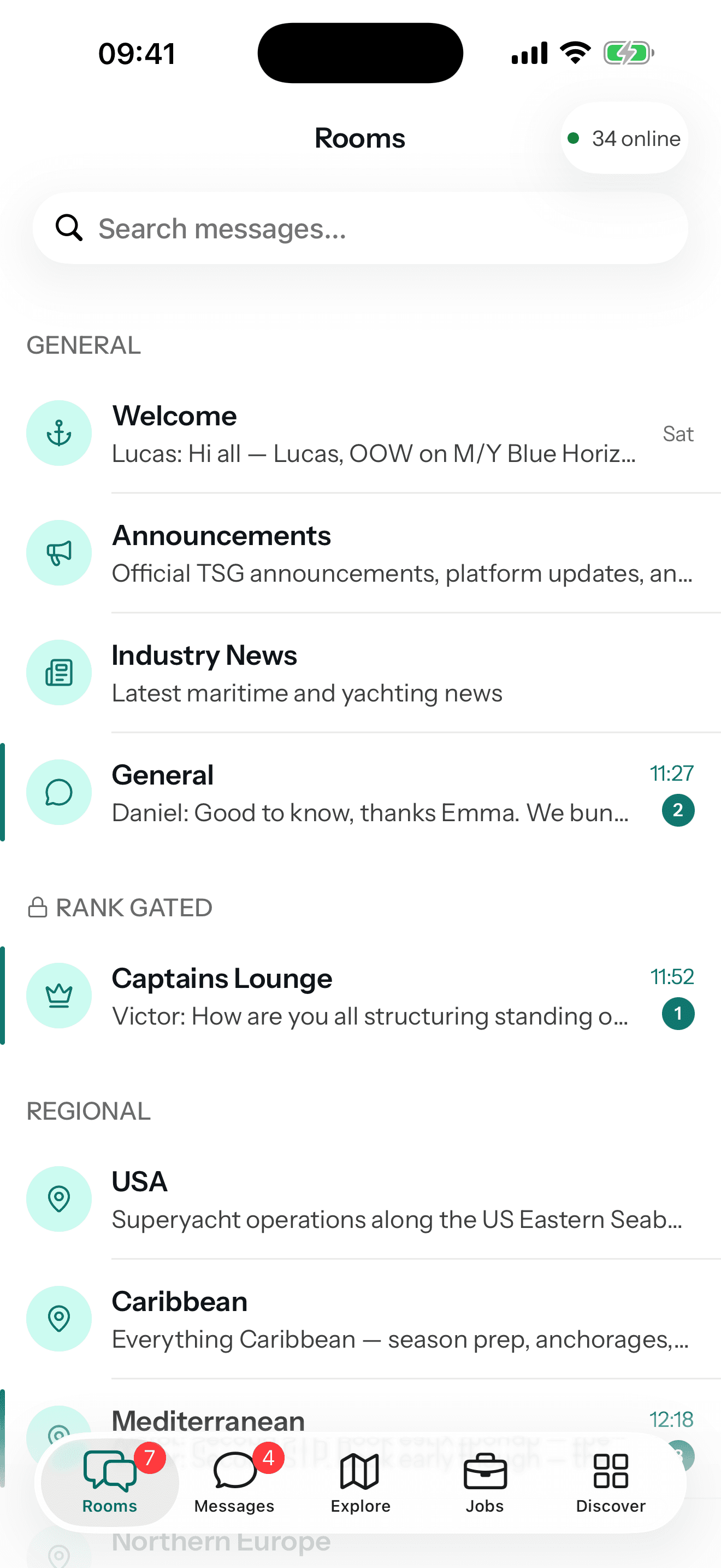 The Super Group app — Rooms, with general, rank-gated and regional channels